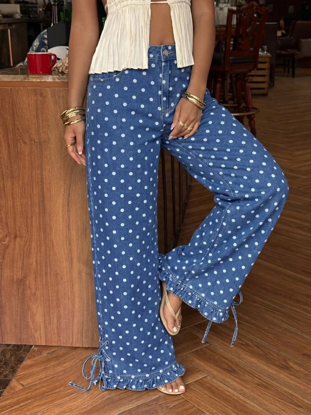 Blue Casual Women's Polka Dot Print Criss-Cross Tie Denim Jeans - Picture 5 of 6